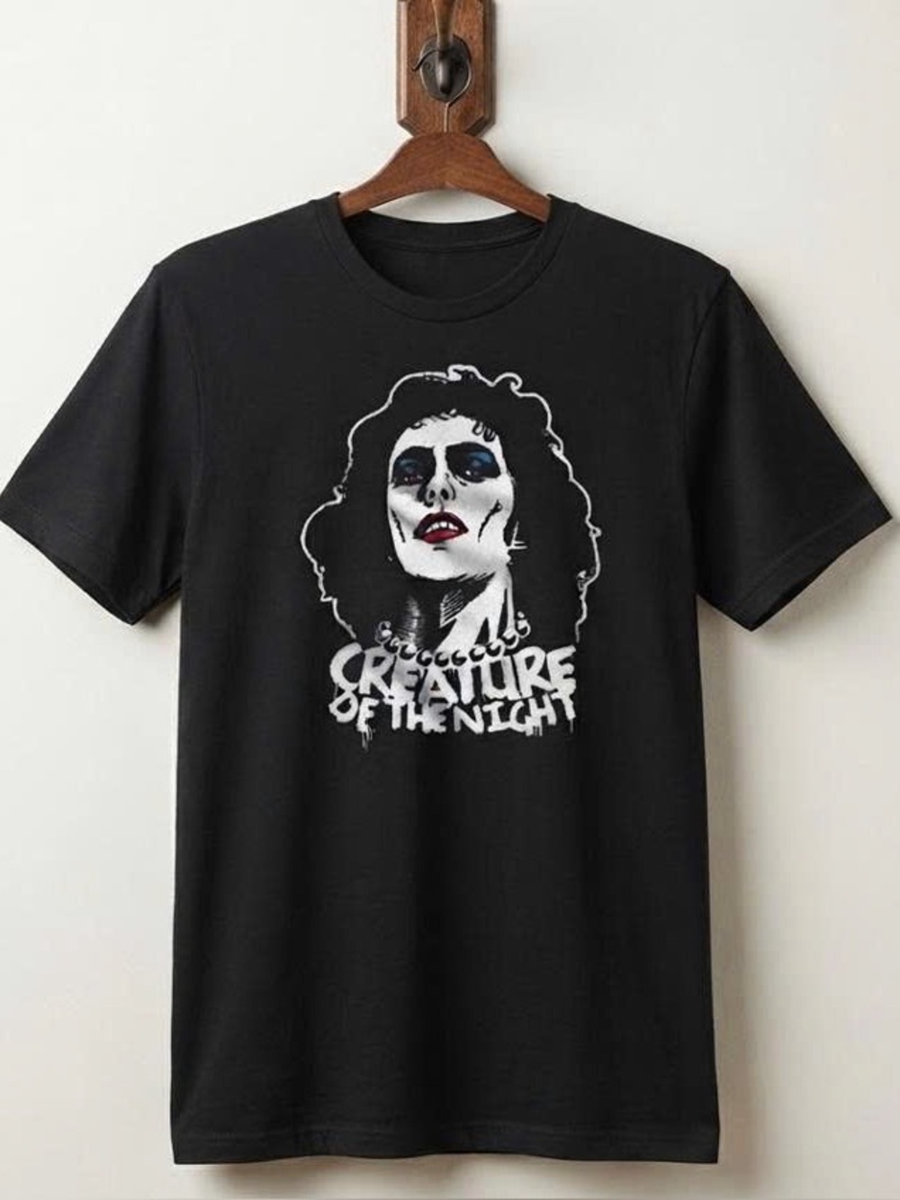 Tim Curry Black Graphic Tee with White, Blue & Red Accents